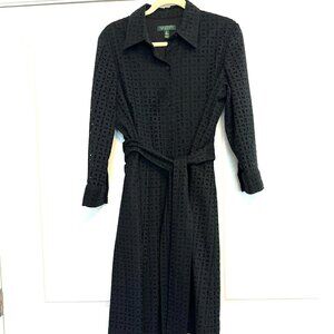 SZ16 LAUREN (RALPH LAUREN) BLACK BRODERIE/EYELET MIDI SELF-BELT DRESS - USED